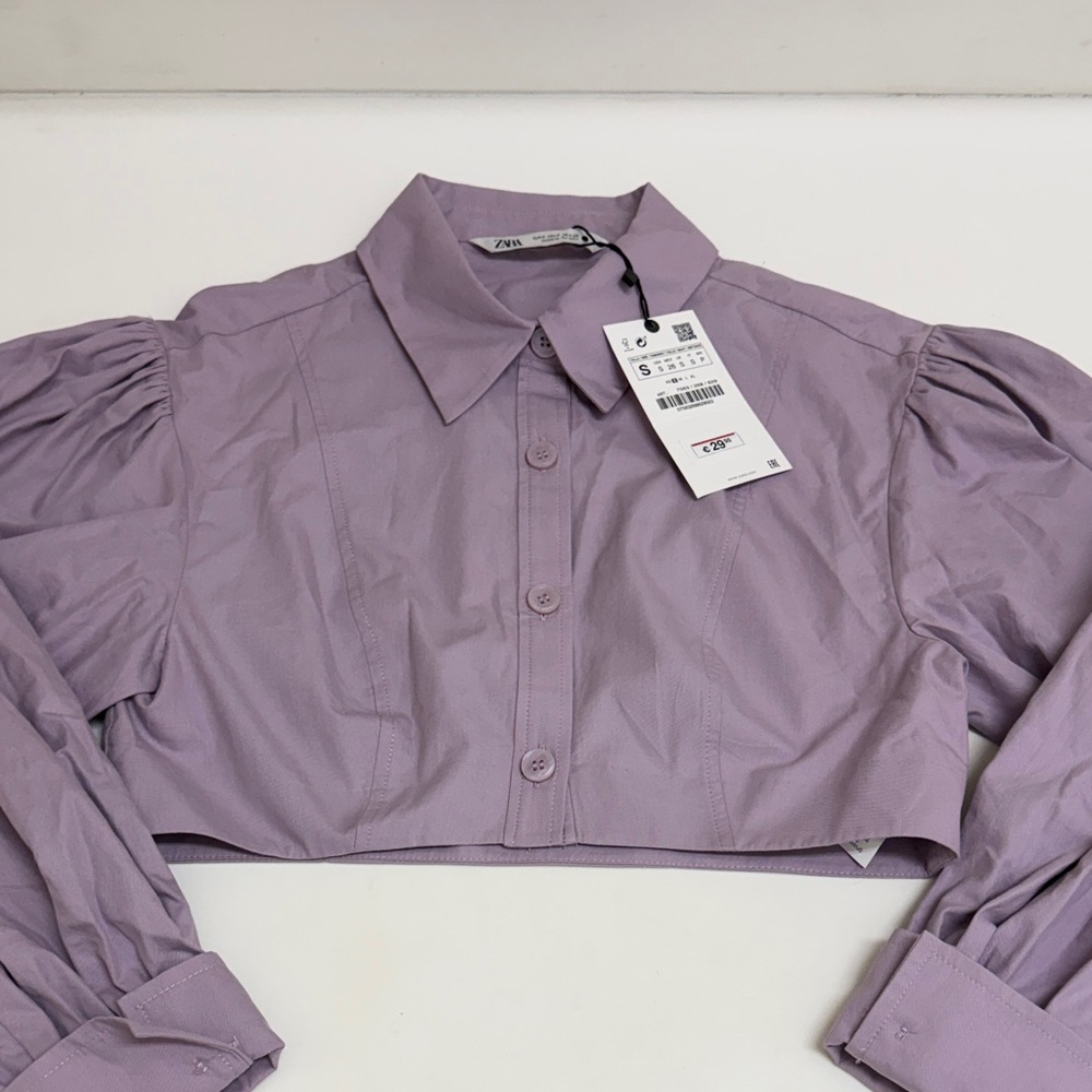 NWT Zara Lilac Cropped Button-Down Puff Sleeve Shirt